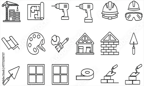 A versatile collection of thin line icons for the construction industry, featuring tools, building materials, and architectural symbols, isolated on a white background 39