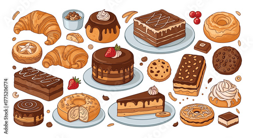 Assortment of delicious and tempting baked goods, cakes, and pastries on a white background.