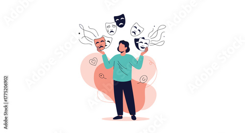 Person juggling multiple theatrical masks representing different emotions and personas.