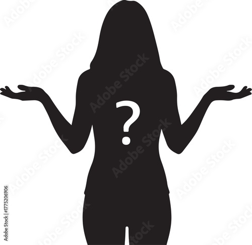Silhouette of a Woman with Arms Outstretched and a Question Mark on White Background as9a24as9a24as9a also transparent background