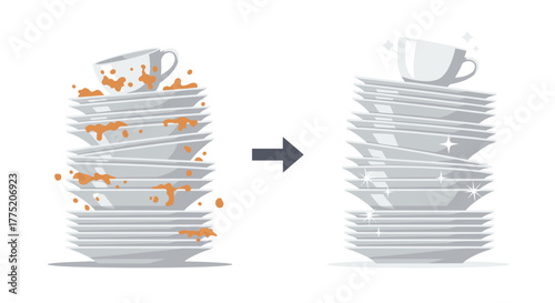 Illustration showing a stack of dirty dishes transforming into a stack of clean, sparkling dishes.
