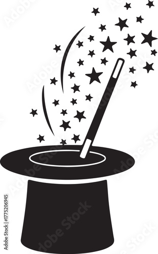 Magic hat with wand and stars exploding on a white background Keywords: magic, hat, top hat, wand, stars, explosion, magic trick, illusion, fantasy, entertainment, also transparent background