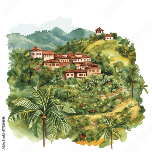 Coffee Cultural Landscape - Eje Cafetero. Coffee Cultural Landscape - Eje Cafetero hand drawn watercolor illustration