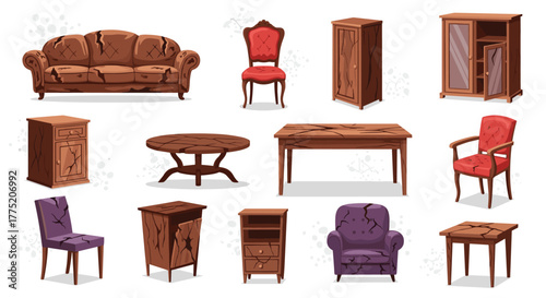 Collection of antique, damaged wooden furniture pieces rendered in a pixel art style.