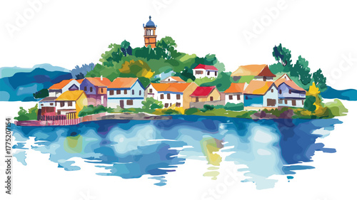 Chiloe Island. Chiloe Island hand drawn watercolor illustration