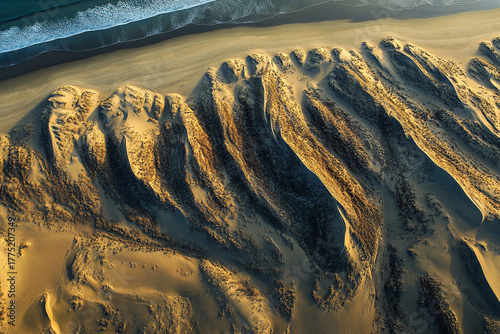 Fototapeta Naklejka Na Ścianę i Meble -  A top-down aerial shot of parallel dune ridges stretching for miles