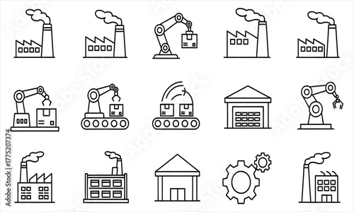 Industrial production and automation icons representing factories, warehouses, robotics, and manufacturing processes