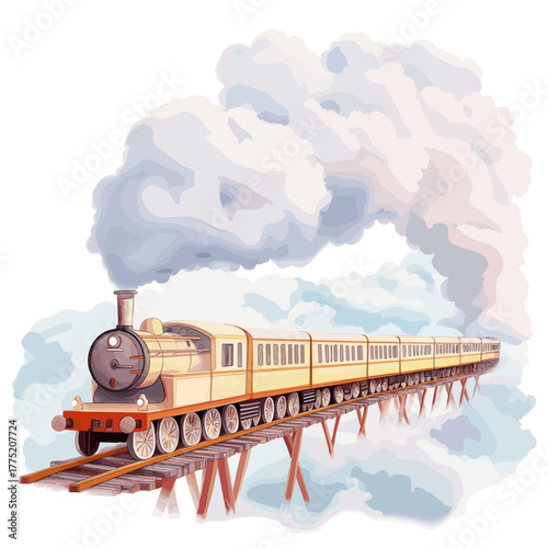Train to the Clouds. Train to the Clouds hand drawn watercolor illustration