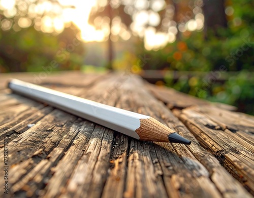 A white pencil lies on a weathered wooden surface, bathed in warm sunlight. Nature's backdrop
