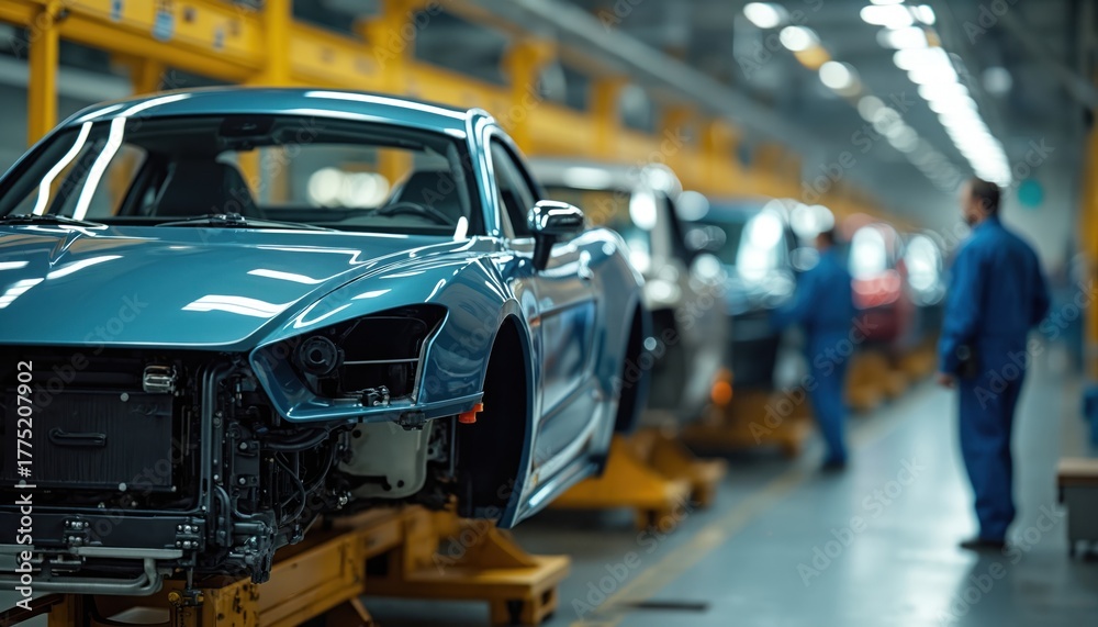 Obraz premium Incomplete blue car chassis moves along automated factory assembly line. Workers, engineers oversee vehicle production in modern auto plant, ensuring quality control for new cars. Industrial