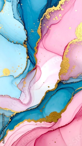 Wallpaper Mural Abstract fluid art featuring vibrant blue, pink, and gold swirls, ideal for backgrounds or decor Torontodigital.ca