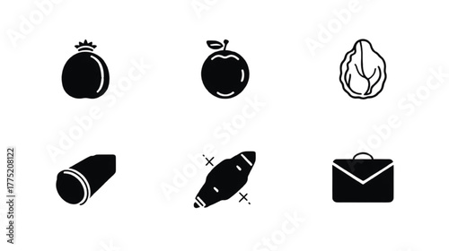 Assortment of Six Black Icons of Food and Objects symbol