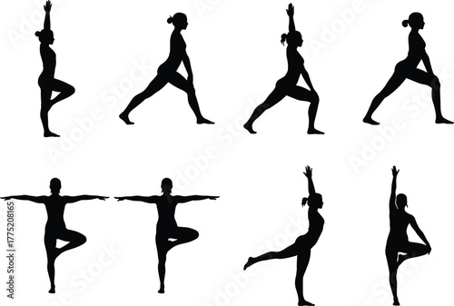 Yoga balance pose variations, fitness strength training, meditation wellness lifestyle, mindfulness exercise illustration, healthy posture, flat vector