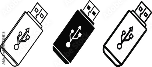 Three usb flash drives are displayed in a row, each with a slightly different design, isolated on white background one is an outline, one is solid black, and one is a thicker outline