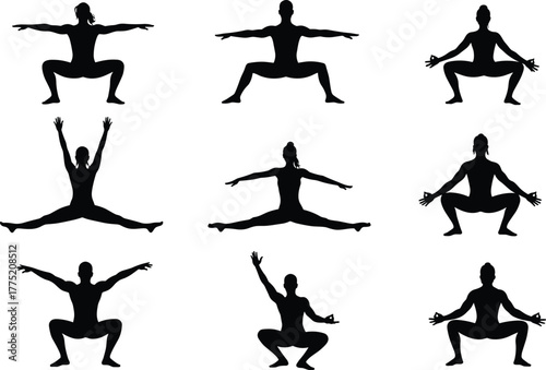 Flat vector yoga dance poses silhouettes, flexibility balance strength illustration, fitness stretching workout wellness exercise design set