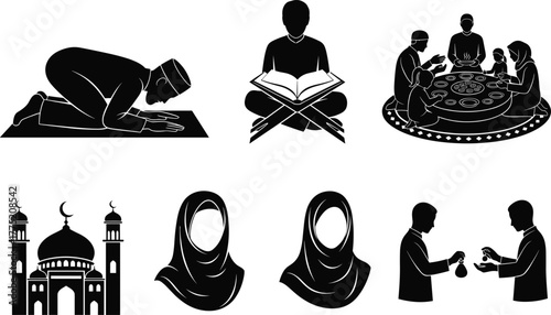 Islamic prayer, Quran reading, Ramadan iftar, mosque, hijab women, charity giving, Muslim culture, religious traditions, faith, spirituality, worship, unity