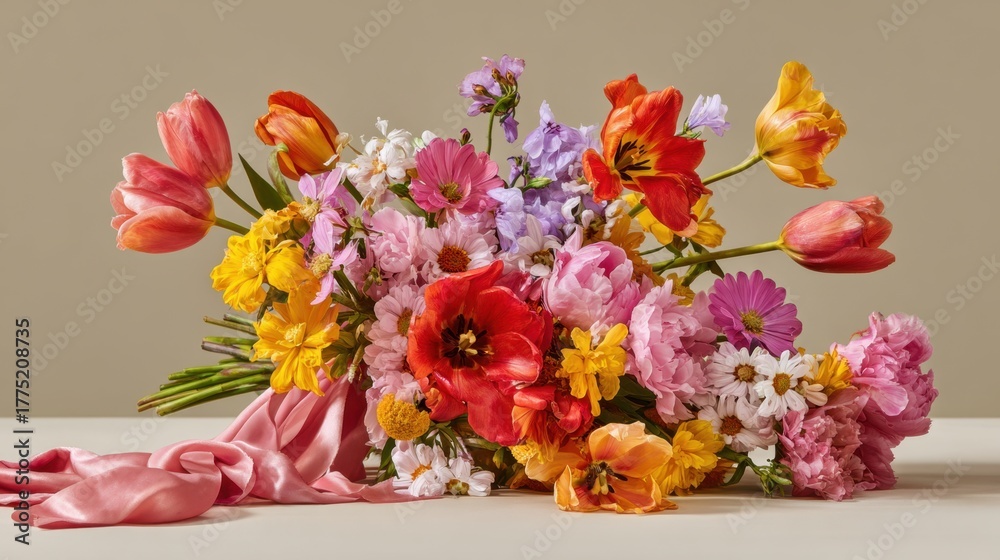 Obraz premium Vibrant Bouquet of Multicolored Spring Flowers Arranged Elegantly with Soft Pink Ribbon on a Neutral Background