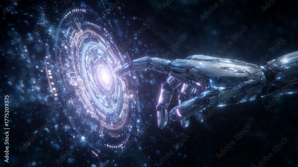 Fototapeta premium metallic robotic hand activating a glowing network hub with holographic production data streaming from fingers
