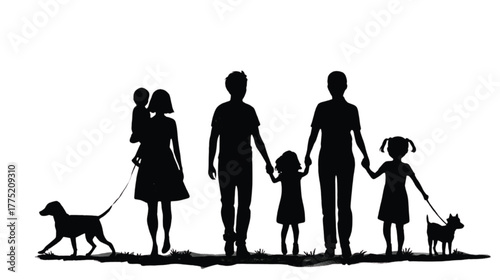 Family Silhouette with Dogs on White Background people