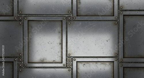 Metal plates are arranged in a pattern secured with rivets and display signs of wear