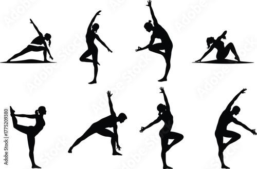 Flat vector yoga poses silhouettes, meditation stretching balance illustration, fitness flexibility training workout wellness design set