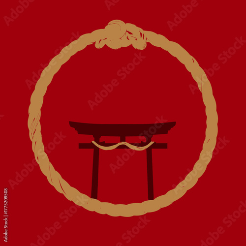 Minimalist illustration of a japanese torii gate within a circular rope