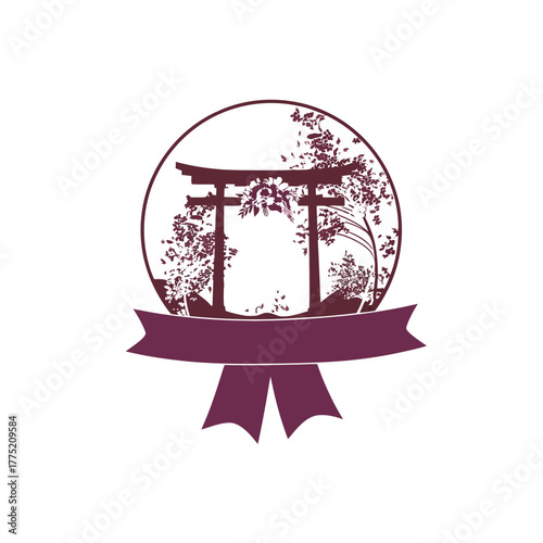 Japanese torii gate illustration inside circle with ribbon for design