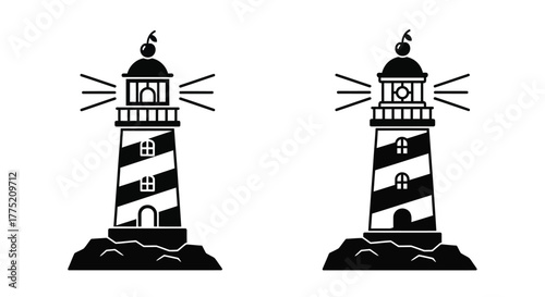 Two black and white illustrations of classic lighthouses on rocky islands