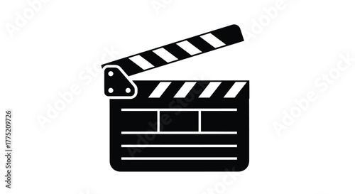 A simple black and white illustration of an open movie clapperboard