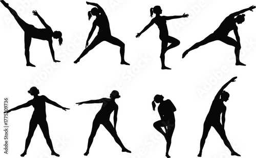 Flat vector yoga stretching poses silhouettes, balance flexibility meditation illustration, fitness workout wellness exercise design set