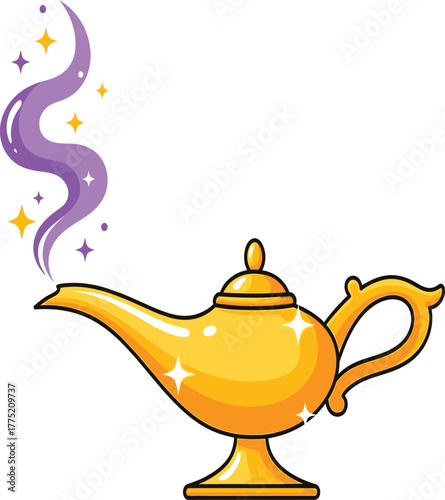 Enchanting genie lamp with magical smoke, isolated on white background, symbolizing wishes, fantasy, and the power of imagination in a whimsical illustration