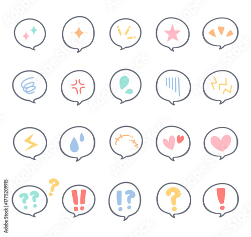 かわいい手描きの漫符吹き出しセット　感情表現やリアクションに使えるパステルカラーのアイコン素材（背景透過）