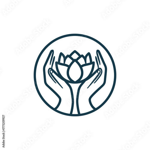 Hands cradle blooming flower inside circle icon elegant minimalist design