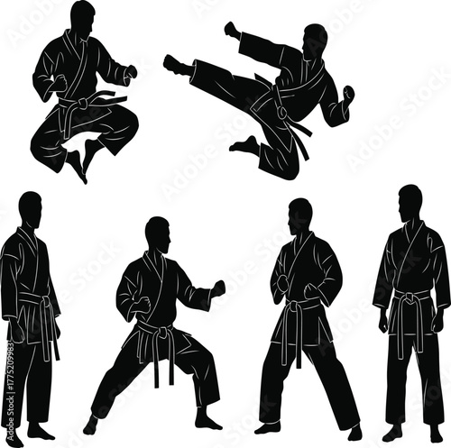 A dynamic group of karate practitioners showcases their skills in various poses, isolated on white background, demonstrating discipline and strength in martial arts