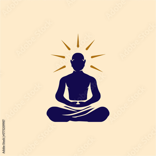 Meditating figure with sunburst symbol of peace and spirituality