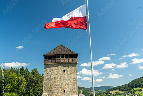 Historic Muszyna Castle tower ruins with Polish flag waving over the town and Beskid mountains on a sunny day.