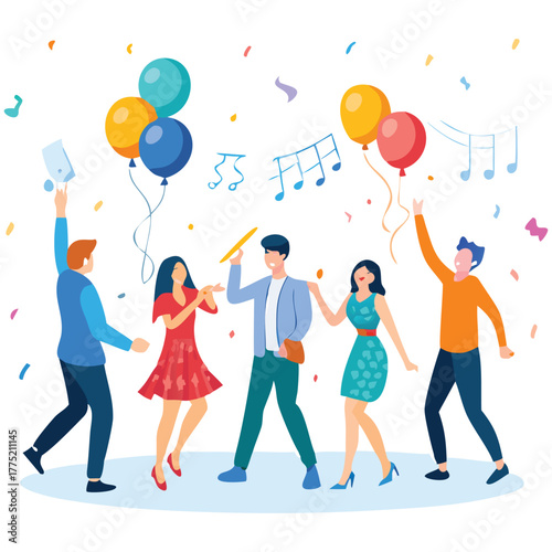 Celebration party with friends having fun and balloons for birthday party celebration vector illustration