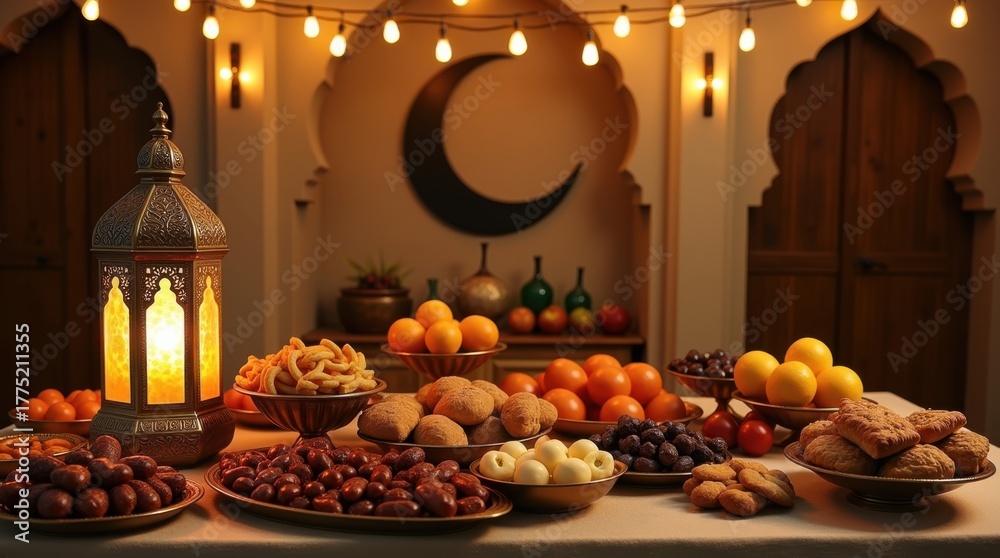 Obraz premium Ramadan iftar table setting with dates sweets and lanterns