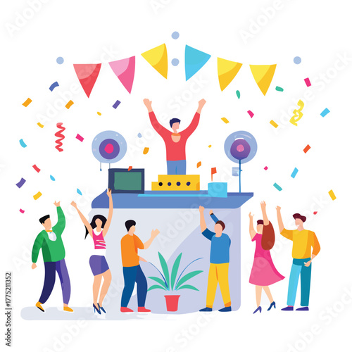 Celebration party event with happy people and confetti for festive mood and good times illustration