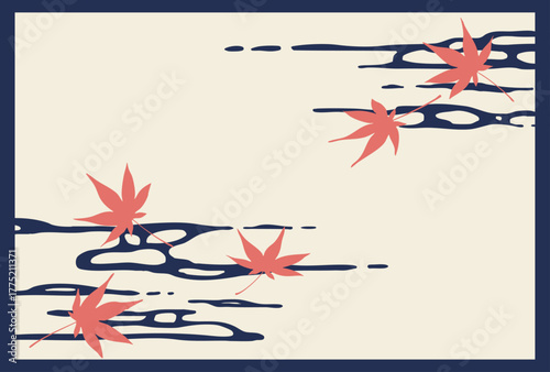 紅葉と波のレトロなベクターイラスト