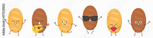Set bread loaf cute character cartoon greet jump love run sing smile face cheerful kawaii joy happy emotions icon vector illustration.
