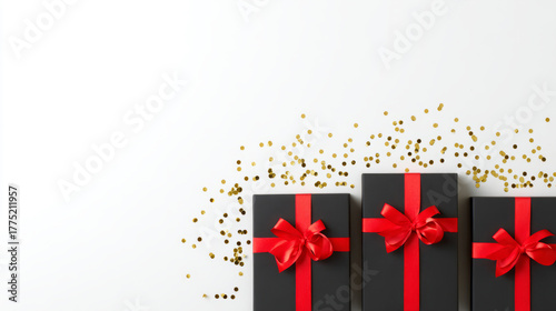Black gift boxes with red ribbons border
