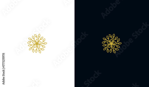 Gold leaf flower line logo, gold leaf flower line icon
