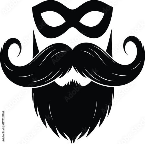 A black and white illustration of a masked man with a large mustache and beard isolated on white background, creating a mysterious and vintage aesthetic