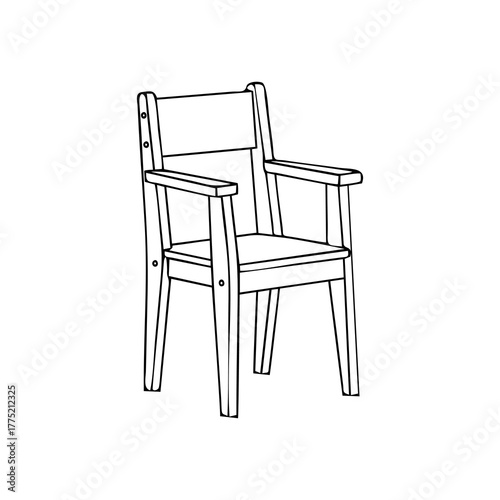 Line drawing of a wooden armchair with armrests and a straight back.