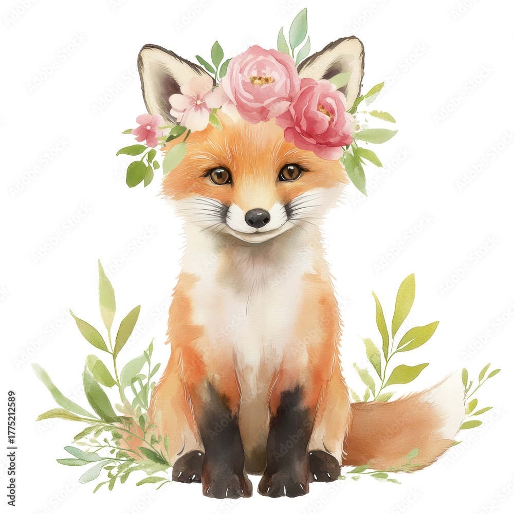 Obraz premium Adorable Fox with Floral Crown: A charming fox, adorned with a delicate crown of flowers, exudes a sense of sweet tranquility. This captivating scene captures the essence of spring's gentle embrace.