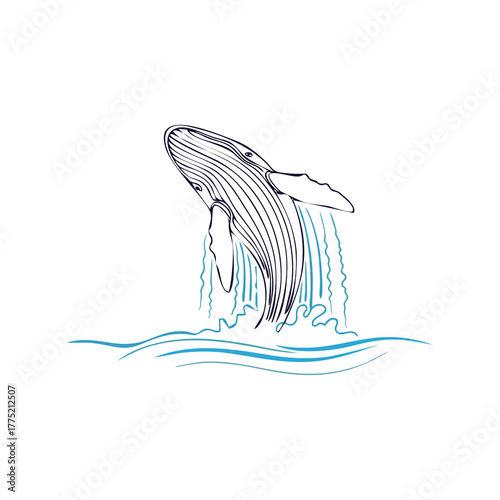 Whale breaching from the ocean, illustration with water splashes.