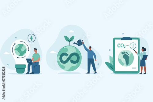 Circular economy illustration set. Sustainable economic growth with renewable energy and natural resources. Green energy, sustainable industry and manufacturing concept. Vector illustration.