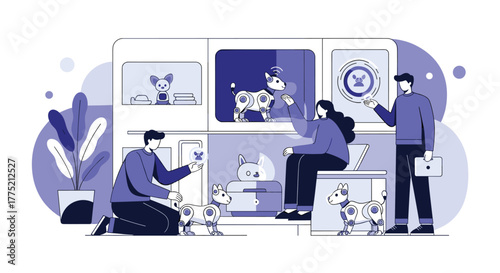 People interacting with robotic pets in a futuristic pet store or exhibition.