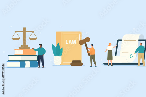 Law and justice scenes. Character signing legal contract, lawyer consulting client, judge knocking with wooden hammer. Legal advice concept. Flat cartoon vector illustration and icons set.